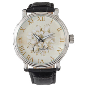 Custom name Golden brown background Floral Watch