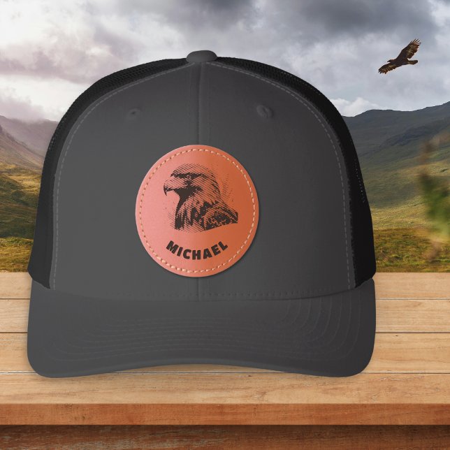 Custom Name Golden Eagle Leather Patch Hat (A personalized trucker hat with golden eagle bird of prey design on a leather patch)