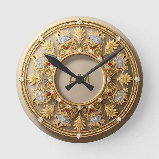 🌸 Custom Name Golden Ornate Elegant Home Style  Round Clock (Front)