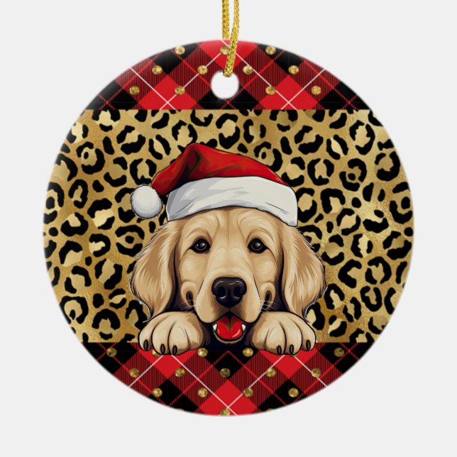 Custom Name Golden Retriever dog Santa hat Buffalo Ceramic Ornament (Front)