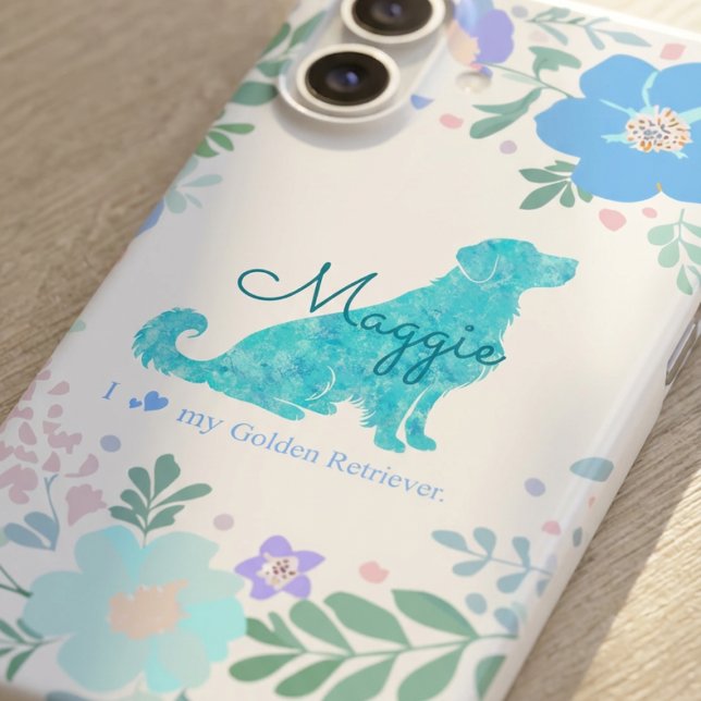 Custom Name Golden Retriever Pastel Blue Floral iPhone Case (Creator Uploaded)