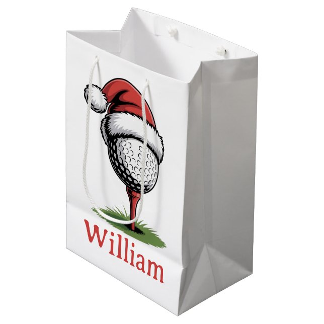 Custom Name Golf Balls Christmas Golf Santa Golfer Medium Gift Bag (Front Angled)