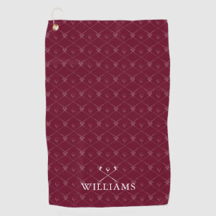 Custom Name Golf Clubs Pattern Burgundy Red Golf Towel