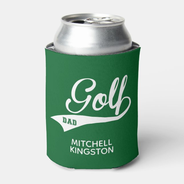 Custom Name Golf Dad Green White Can Cooler (Can Front)