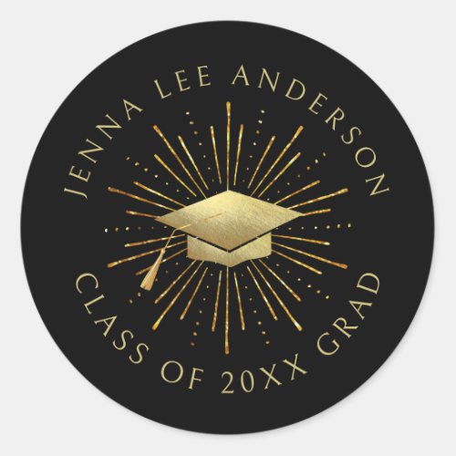 Custom Name Graduation Cap with Gold Starburst Classic Round Sticker