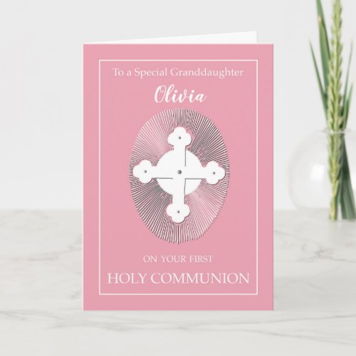 Custom Name Granddaughter Communion  Pink w Cross Card