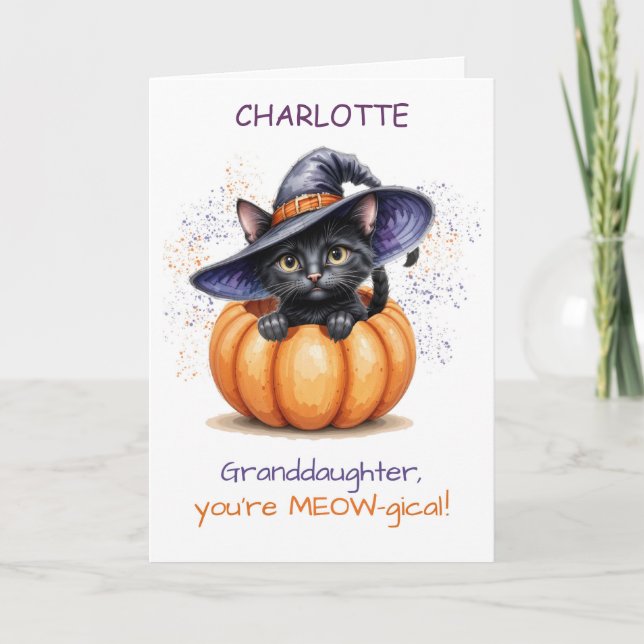 Custom Name Granddaughter Halloween Cute Cat Card (Front)