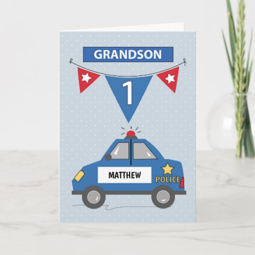 Custom Name Grandson 1st Birthday Blue Police Car Card