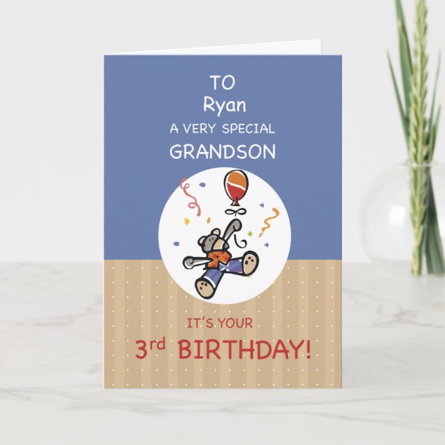 Custom Name Grandson 3rd Teddy Bear Balloon Card (Front)