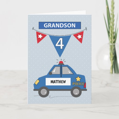 Custom Name Grandson 4th Birthday Blue Police Car Card