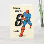 Custom Name, Grandson 8th Birthday Superhero, Liam Card<br><div class="desc">A perfect card to send your grandson on his 8th birthday. A mighty superhero carrying the number 8 is shown. You can personalize with his name to make it more special. This is a special way to bring your wishes on his special day.</div>