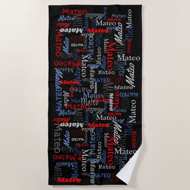 Custom name graphic text gray blue red black beach towel (Front)
