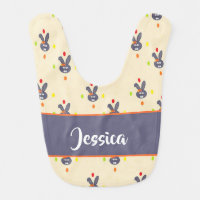 Custom name gray bunny on cream baby bib