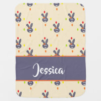 Custom name gray bunny on cream baby blanket