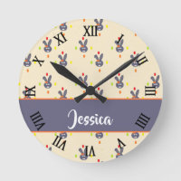 Custom name gray bunny on cream round clock