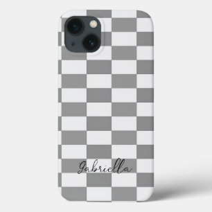 Custom name gray check blocks pattern iPhone 13 case