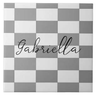 Custom name gray check blocks pattern ceramic tile