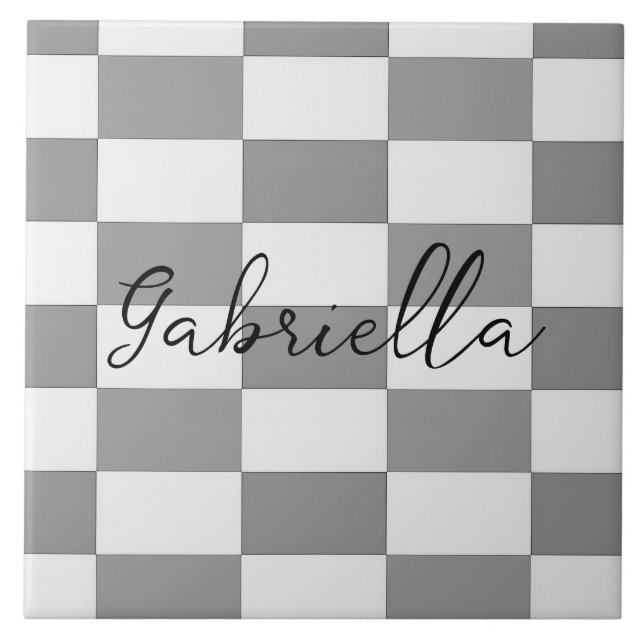 Custom name gray check blocks pattern ceramic tile (Front)