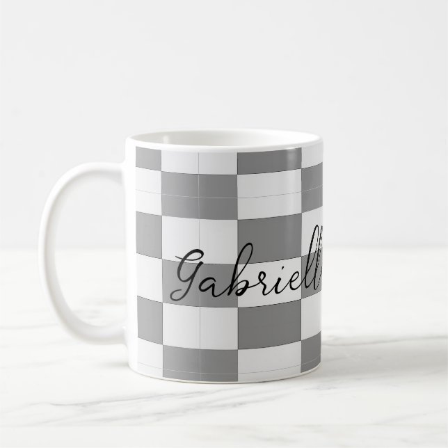 Custom name gray check blocks pattern coffee mug (Left)