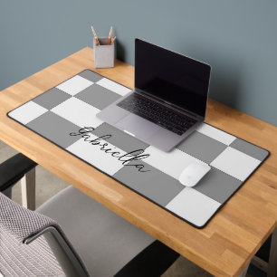 Custom name gray check blocks pattern desk mat
