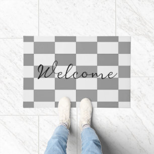 Custom name gray check blocks pattern doormat