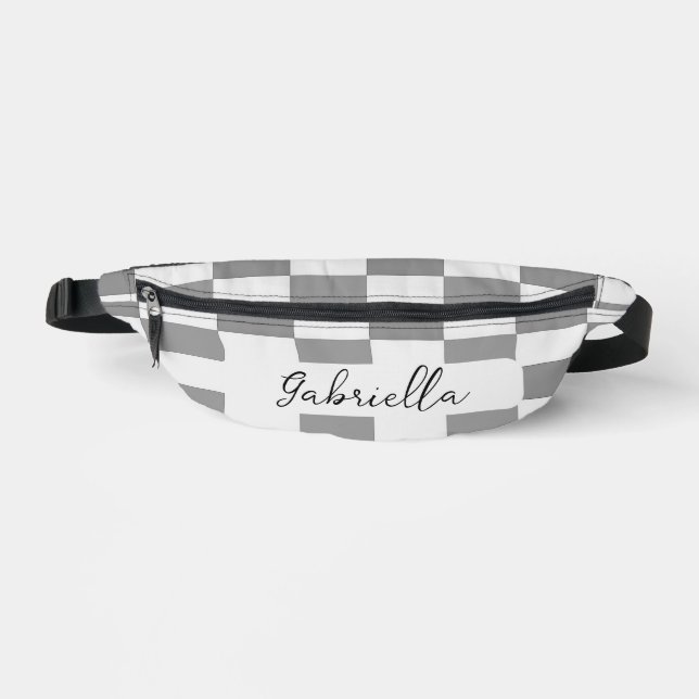 Custom name gray check blocks pattern fanny pack (Front)