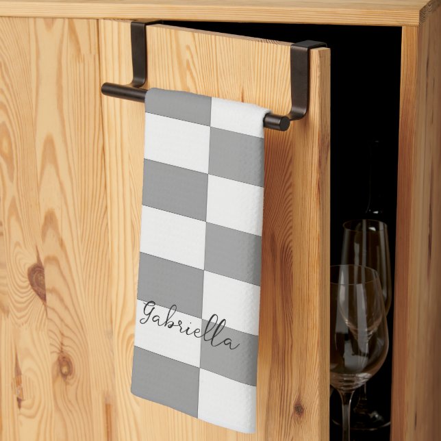 Custom name gray check blocks pattern kitchen towel (Thirds Fold)