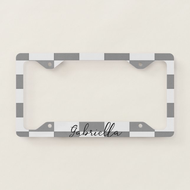 Custom name gray check blocks pattern license plate frame (Front)