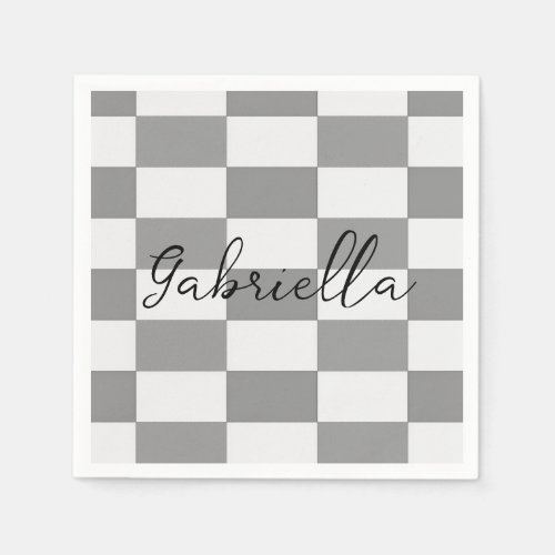 Custom name gray check blocks pattern napkins