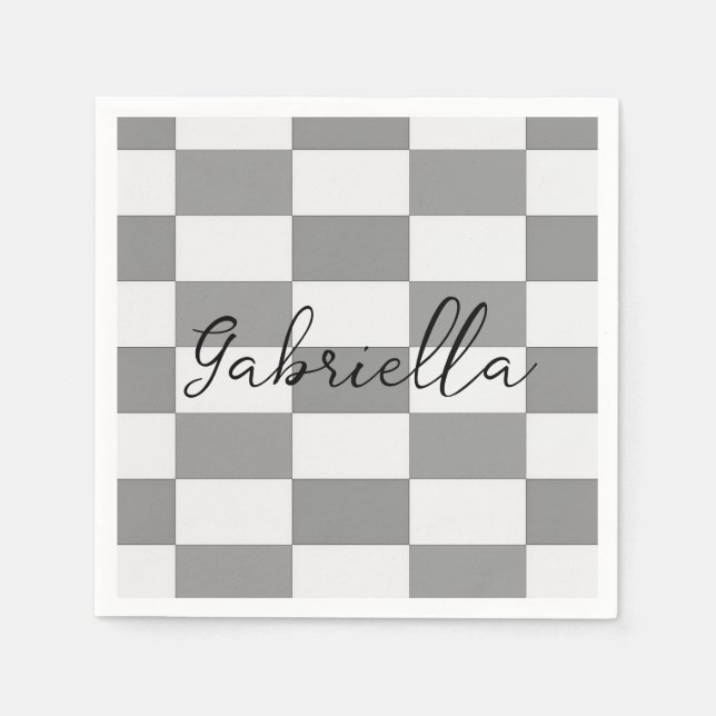 Custom name gray check blocks pattern napkins (Front)