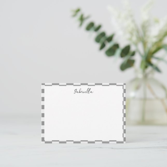 Custom name gray check blocks pattern note card (Standing Front)