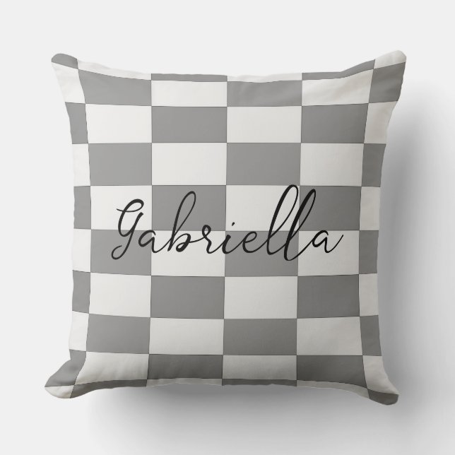Custom name gray check blocks pattern throw pillow (Front)