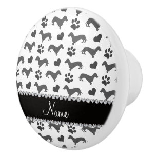 Custom name gray dachshunds hearts paws ceramic knob