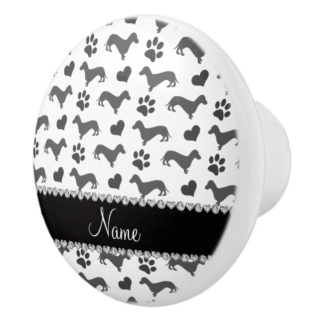 Custom name gray dachshunds hearts paws ceramic knob (Right)