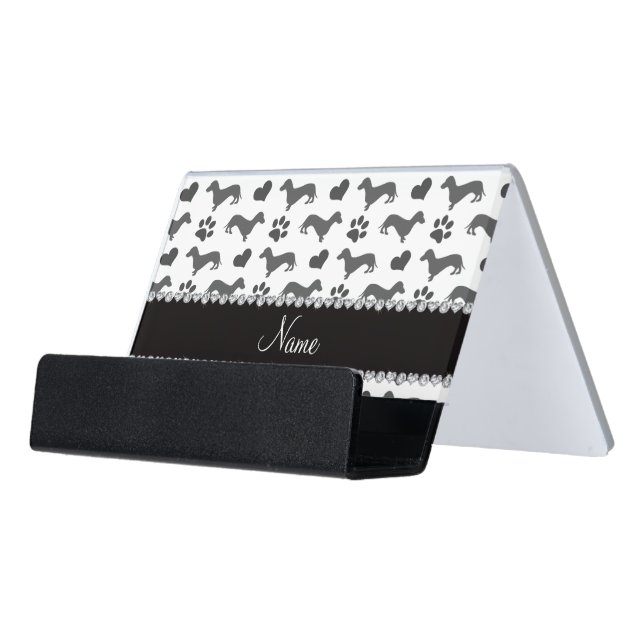 Custom name gray dachshunds hearts paws desk business card holder (Angled Front)