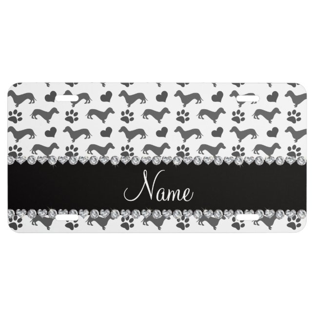 Custom name gray dachshunds hearts paws license plate (Front)