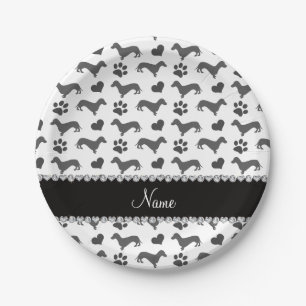 Custom name gray dachshunds hearts paws paper plates