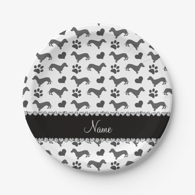 Custom name gray dachshunds hearts paws paper plates (Front)