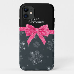 Custom name gray glitter flowers pink glitter bow iPhone 11 case