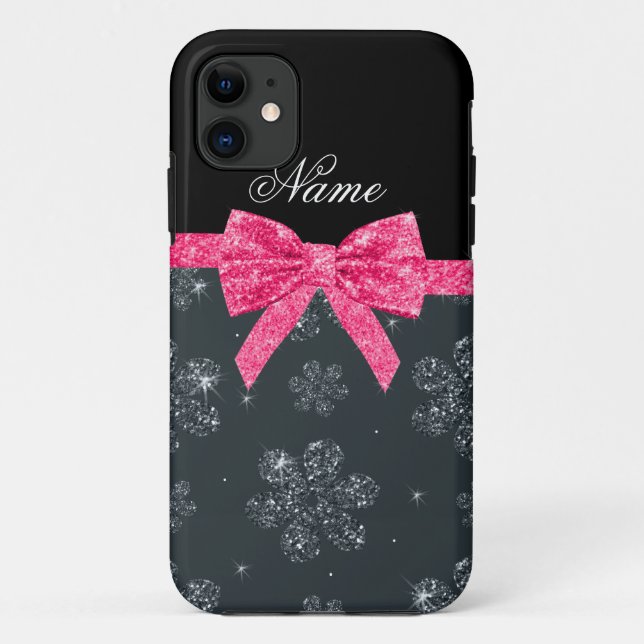 Custom name gray glitter flowers pink glitter bow Case-Mate iPhone case (Back)