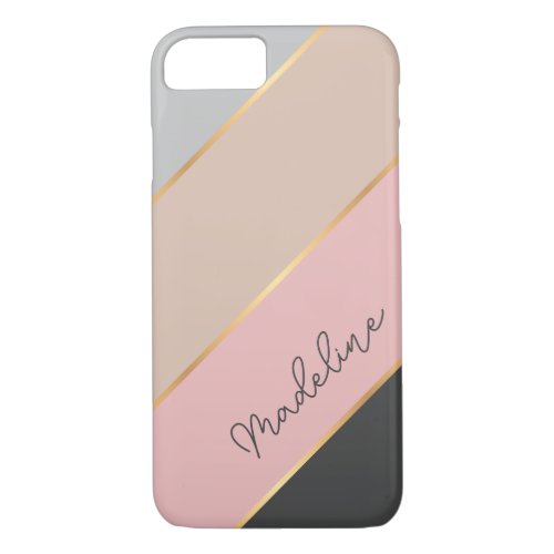 Custom Name Gray Pastel Coral Blush Pink Stripe iPhone 87 Case