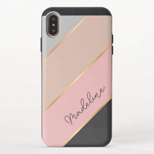 Custom Name Gray Pastel Coral Blush Pink Stripe iPhone XS Max Slider Case