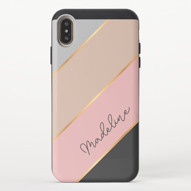 Custom Name Gray Pastel Coral Blush Pink Stripe Uncommon iPhone Case (Back)