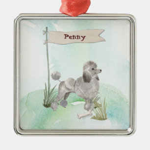 Custom Name Gray Poodle Pet Dog Metal Ornament