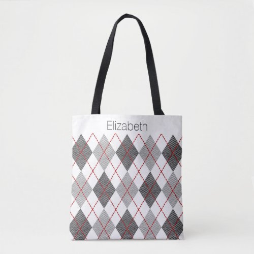 Custom Name Gray White Black Red Argyle Tote Bag