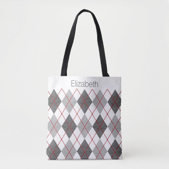 Custom Name Gray White Black Red Argyle Tote Bag (Front)