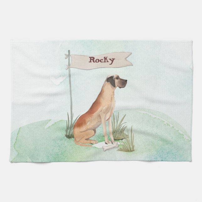 Custom Name Great Dane Pet Dog Kitchen Towel (Horizontal)