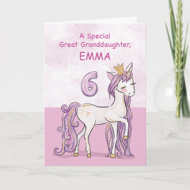 Custom Name Great Granddaughter 6th Birthday Pink Card (Front)