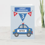 Custom Name Great Grandson 3rd Birthday Police Card<br><div class="desc">Can you imagine how your great grandson face would look like once he sees his name on the side of a police car? To find that out you should gift him with this card once he turns three years old. and yes, you can personalize his name on the front right...</div>