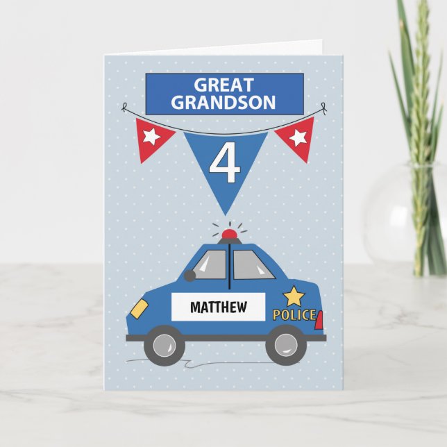 Custom Name Great Grandson 4th Birthday Police Card (Front)